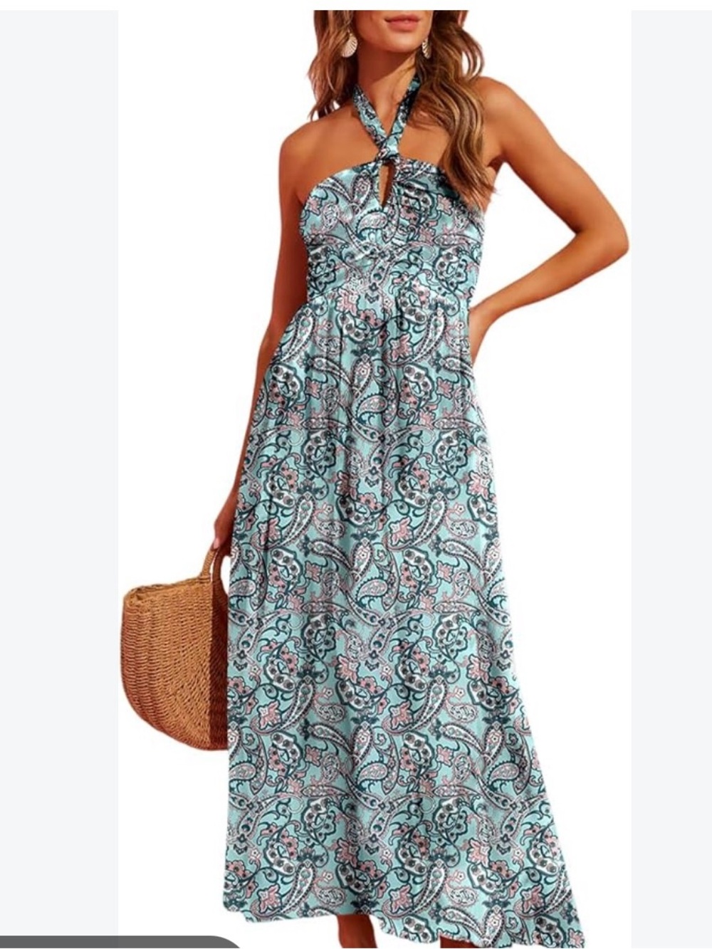 Amazon Aqua Paisley Halter Maxi Dress with Pink & Black Accents